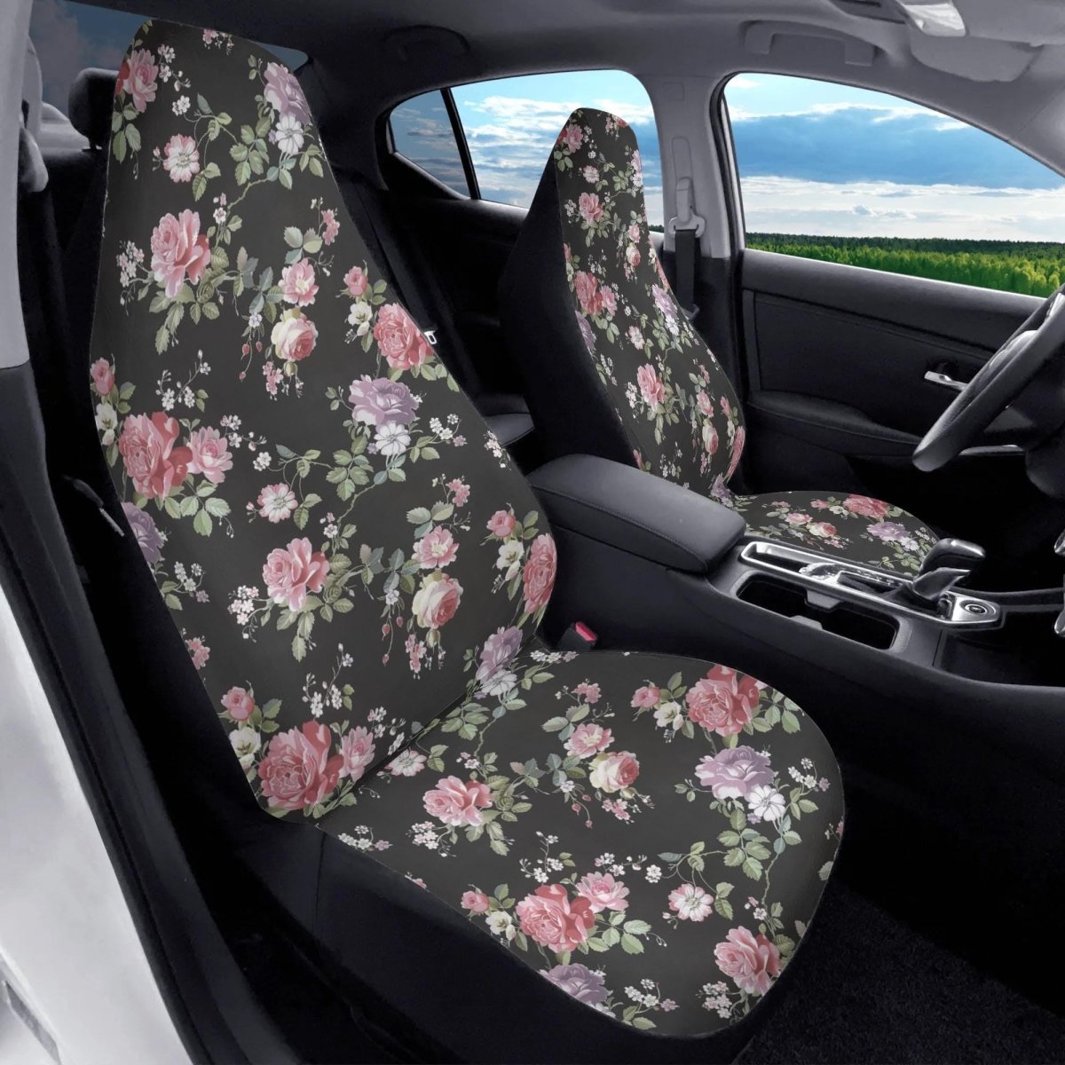 Y2K Goth Black Rose Car Seat Covers – Pink Floral Print (Set of 2)