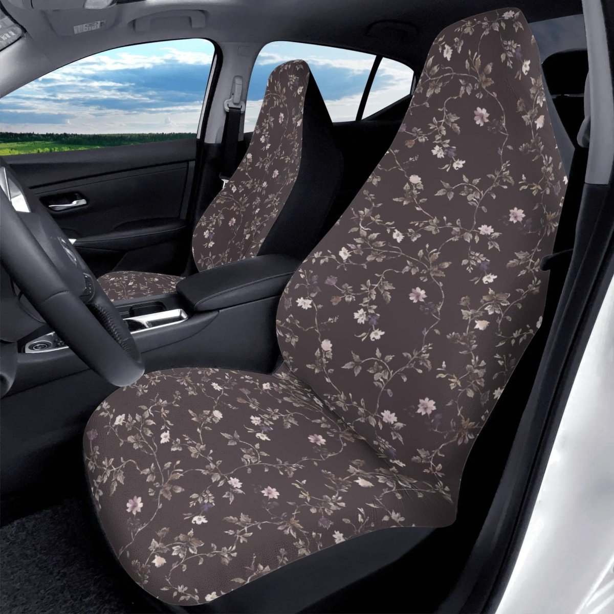 Dark Purple Ditsy Floral Car Seat Covers – Vintage Inspired Front Seat Set (2)