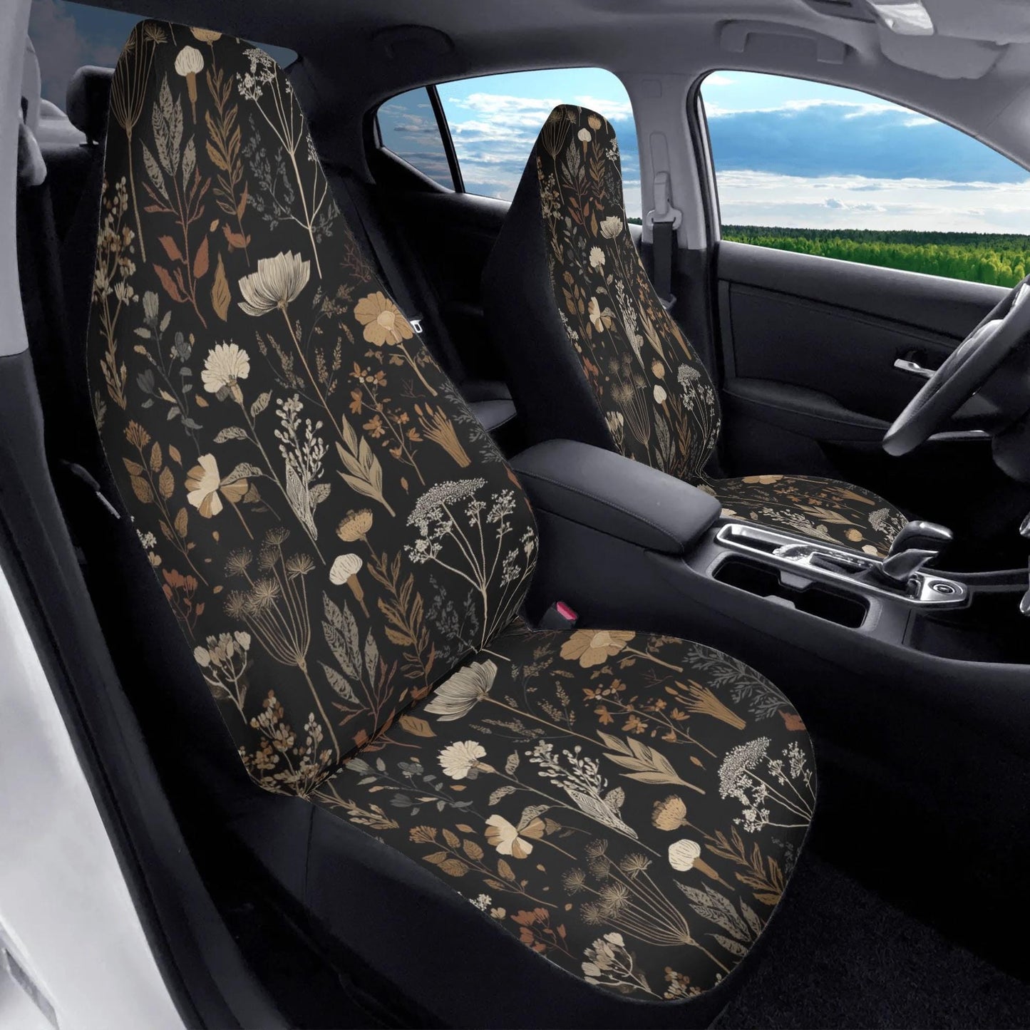 Moody Floral Car Seat Covers – Black Beige Vintage Style (Set of 2)