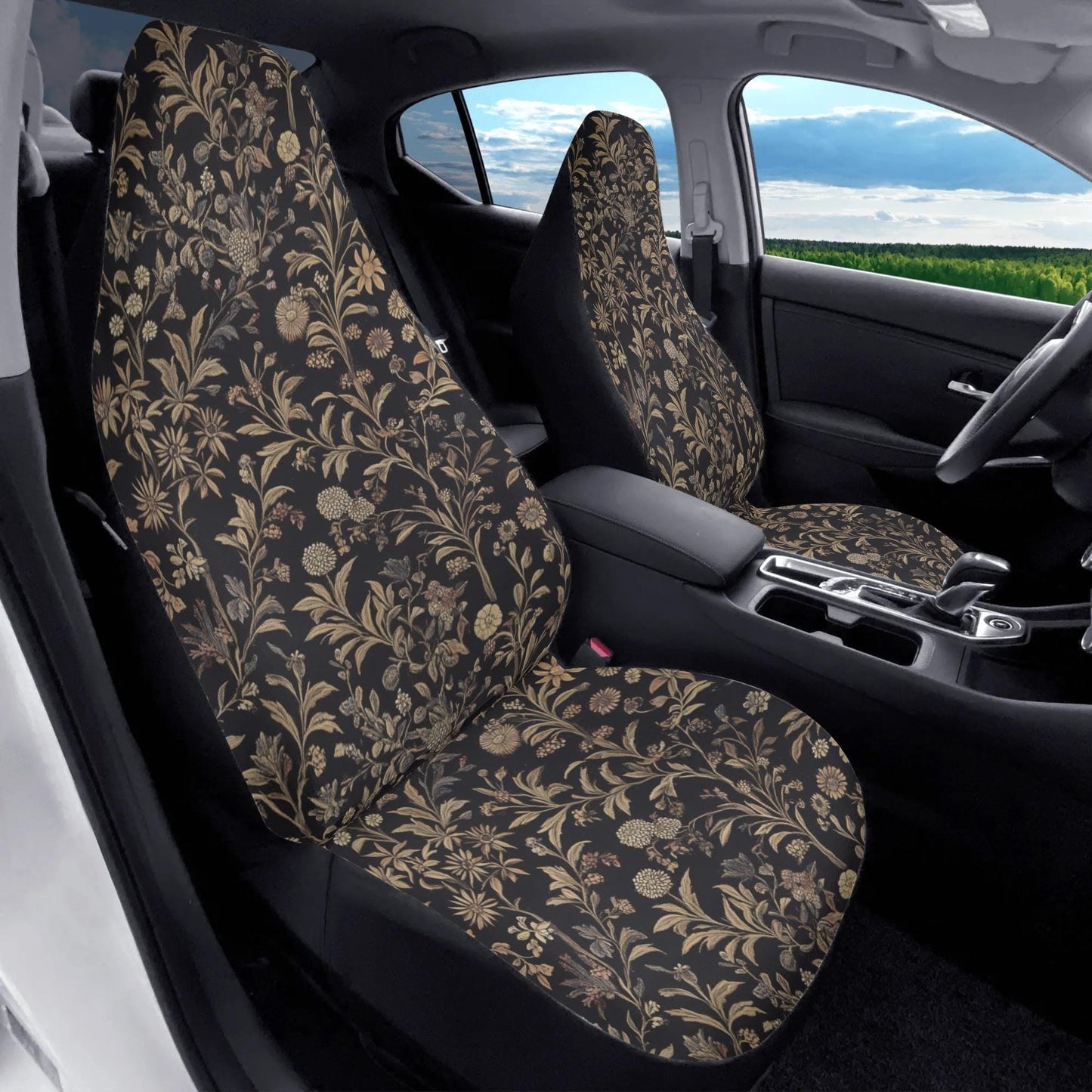 Floral Car Seat Covers – Black Beige Botanical Print (Set of 2)