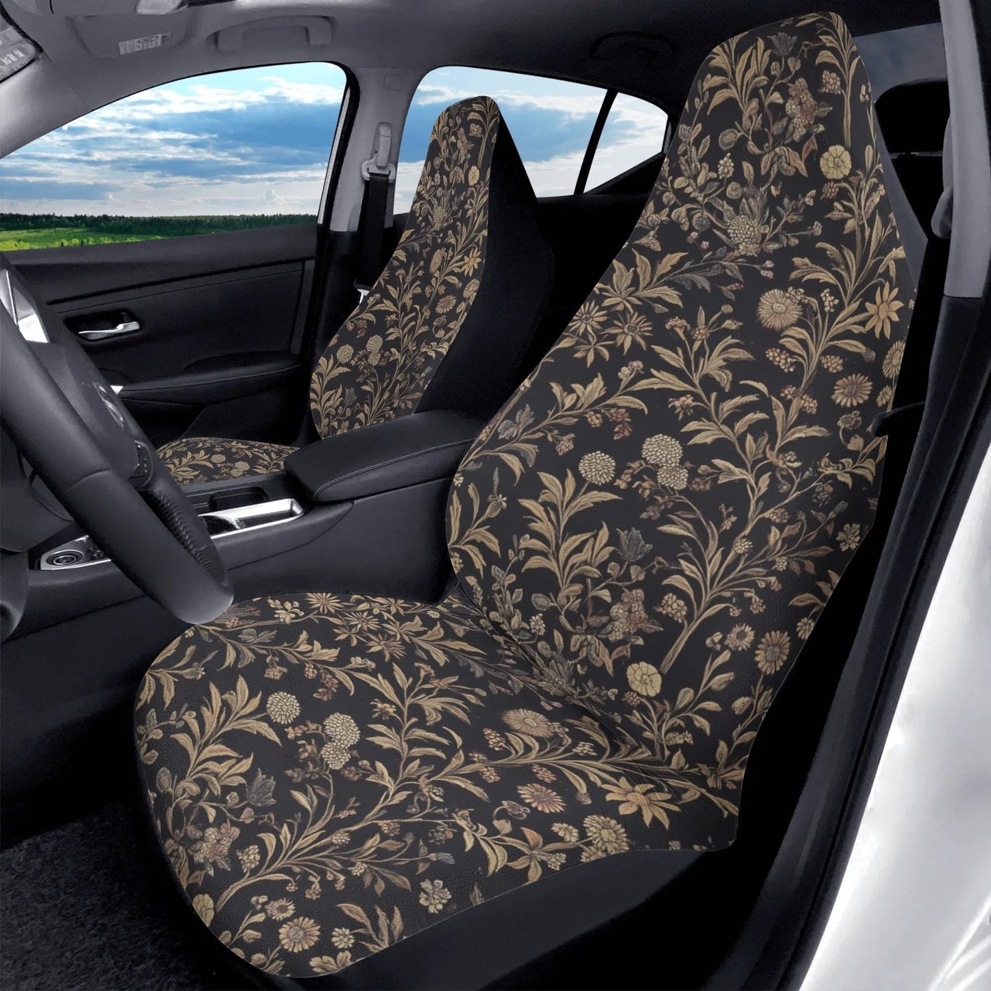 Floral Car Seat Covers – Black Beige Botanical Print (Set of 2)