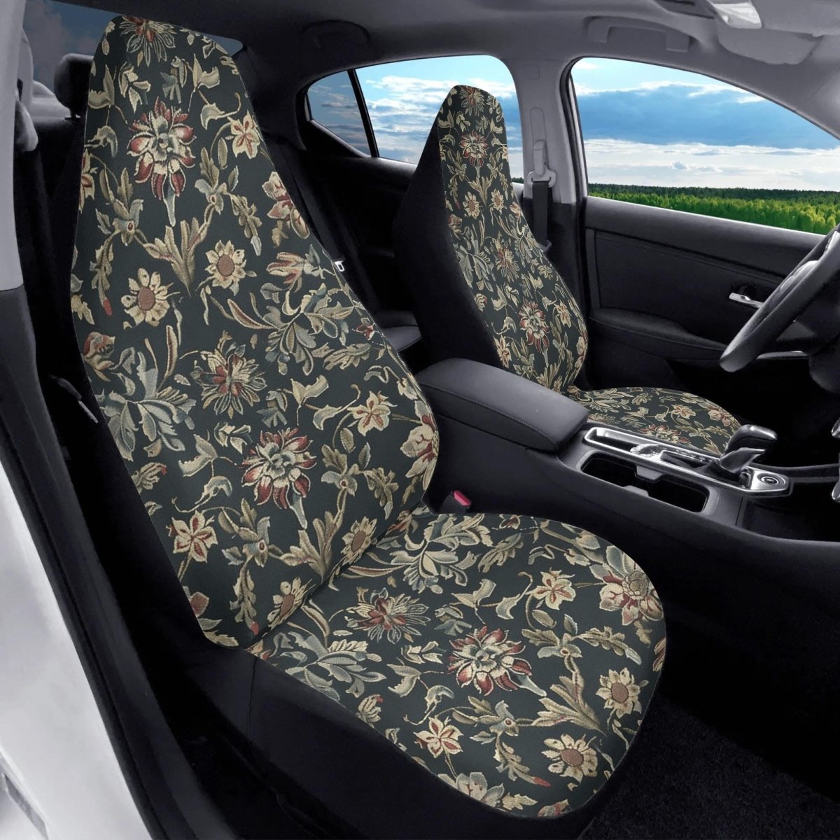 Black Floral Car Seat Covers – Vintage Tapestry Design (Set of 2)
