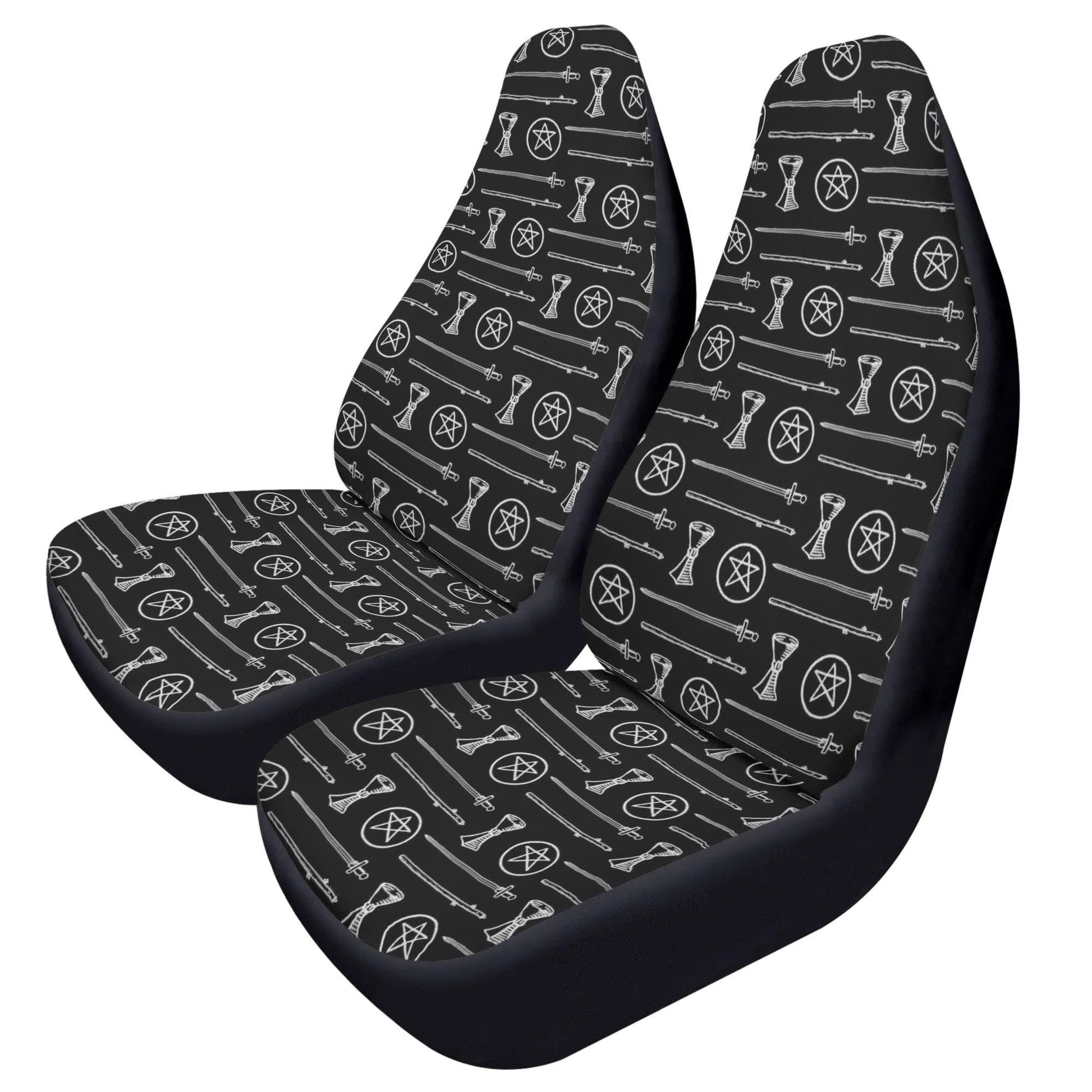 Black White Tarot Elements Car Seat Covers – Mystical Esoteric Symbols (Set of 2)