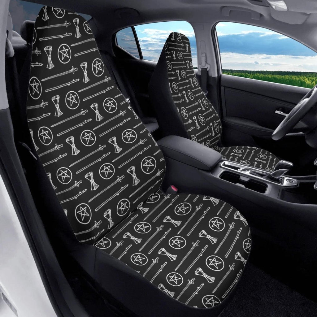 Black White Tarot Elements Car Seat Covers – Mystical Esoteric Symbols (Set of 2)
