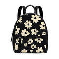 Beige Floral Mini Backpack, Black PU Leather, Vintage Small Travel Bag