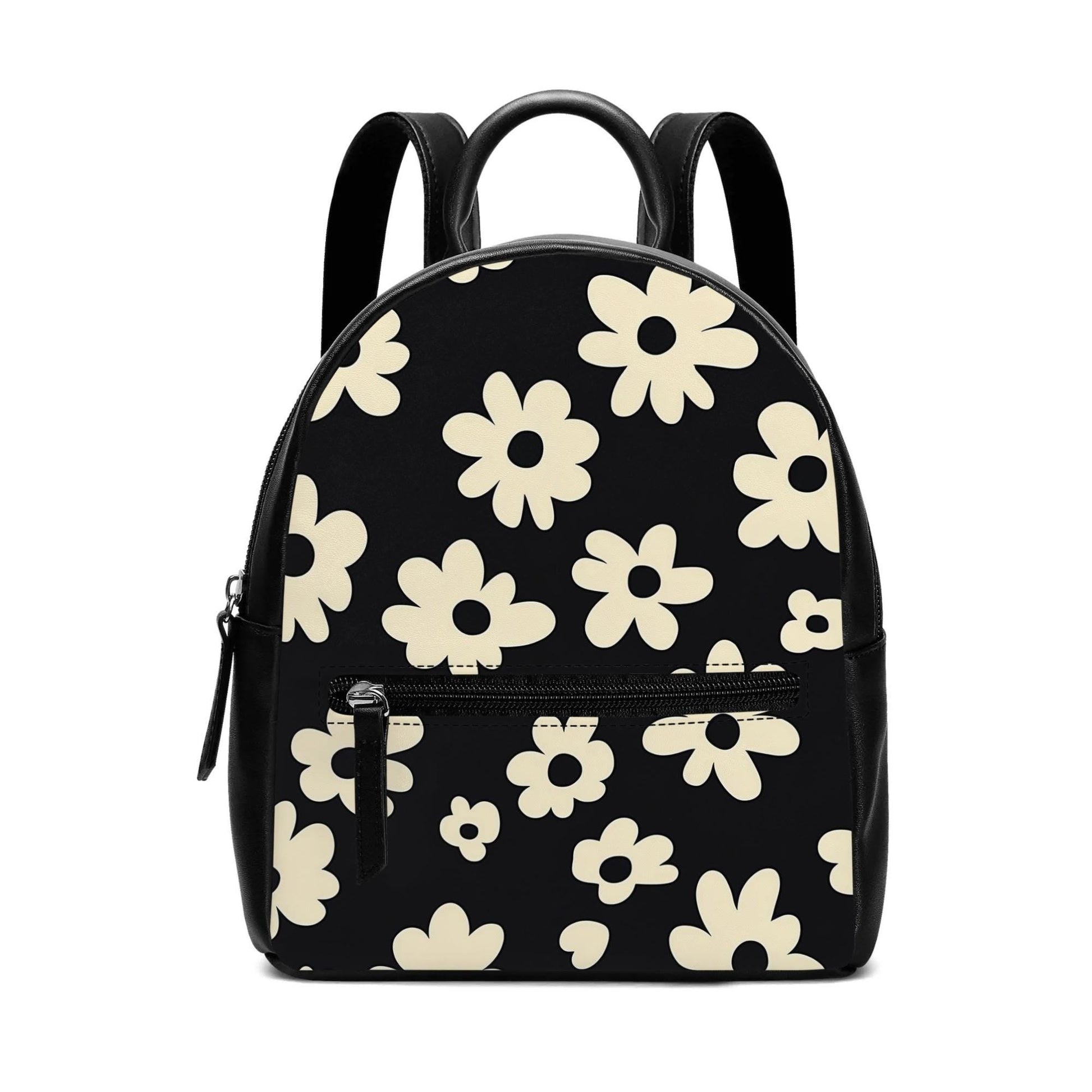 Beige Floral Mini Backpack, Black PU Leather, Vintage Small Travel Bag