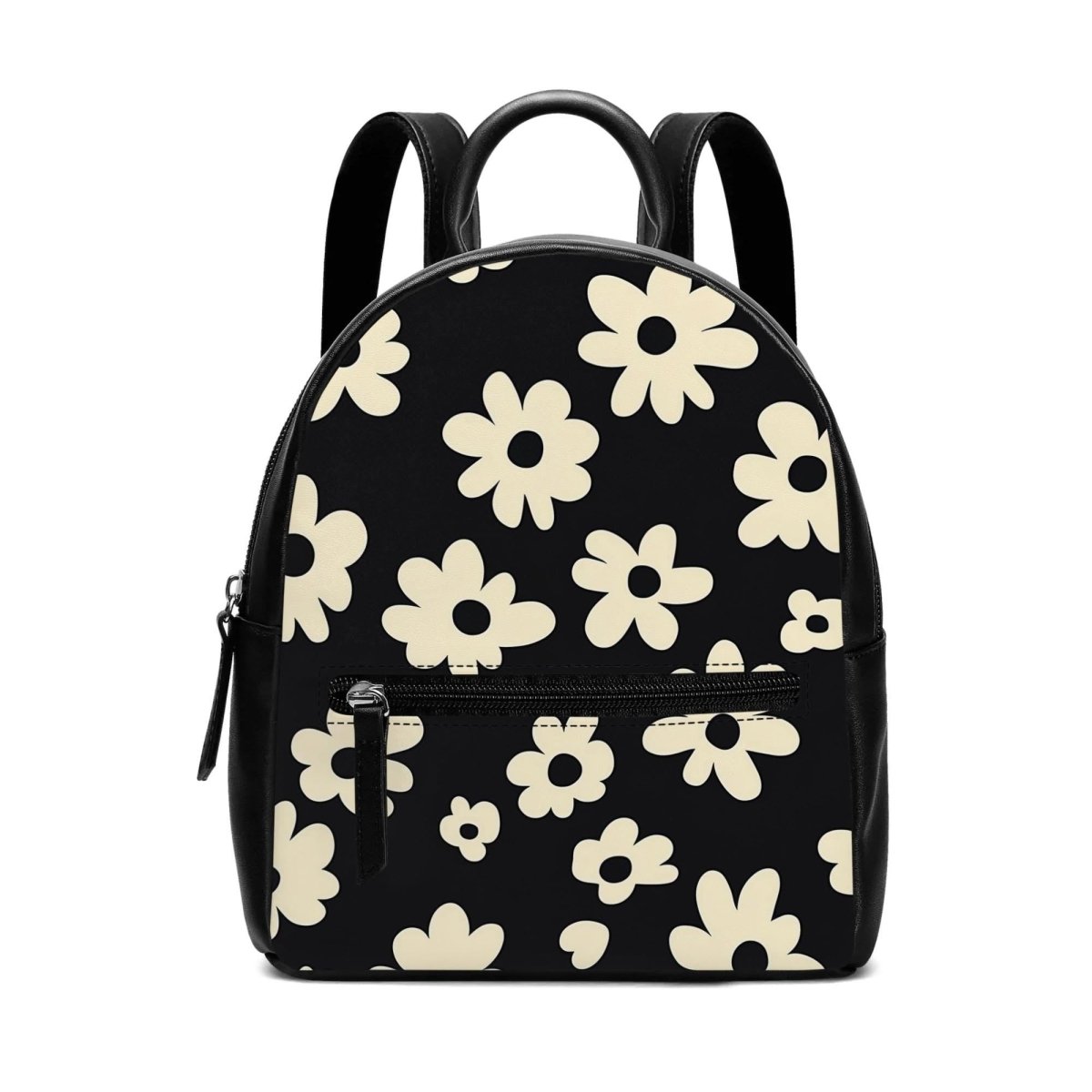 Beige Floral Mini Backpack, Black PU Leather, Vintage Small Travel Bag