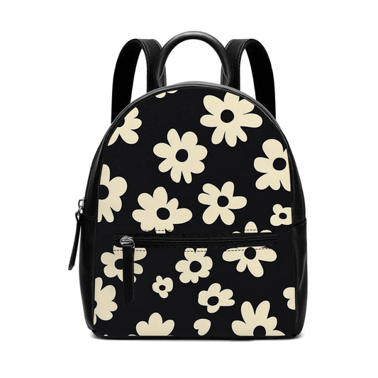 Beige Floral Mini Backpack, Black PU Leather, Vintage Small Travel Bag