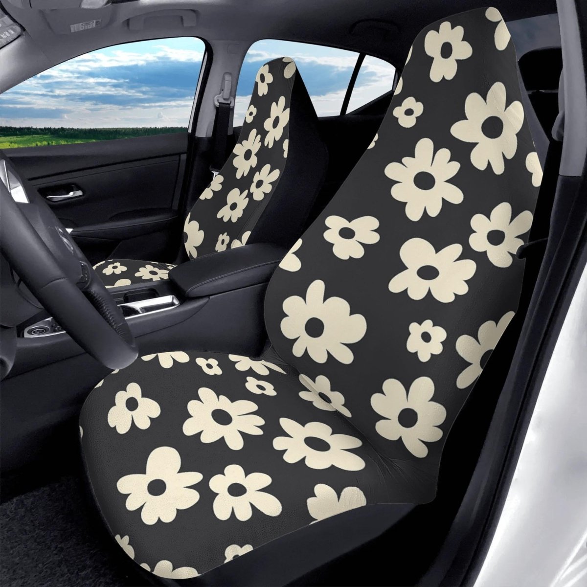 Hippie Gothic Floral Car Seat Covers (2pcs), Black Boho Retro Car Accessories