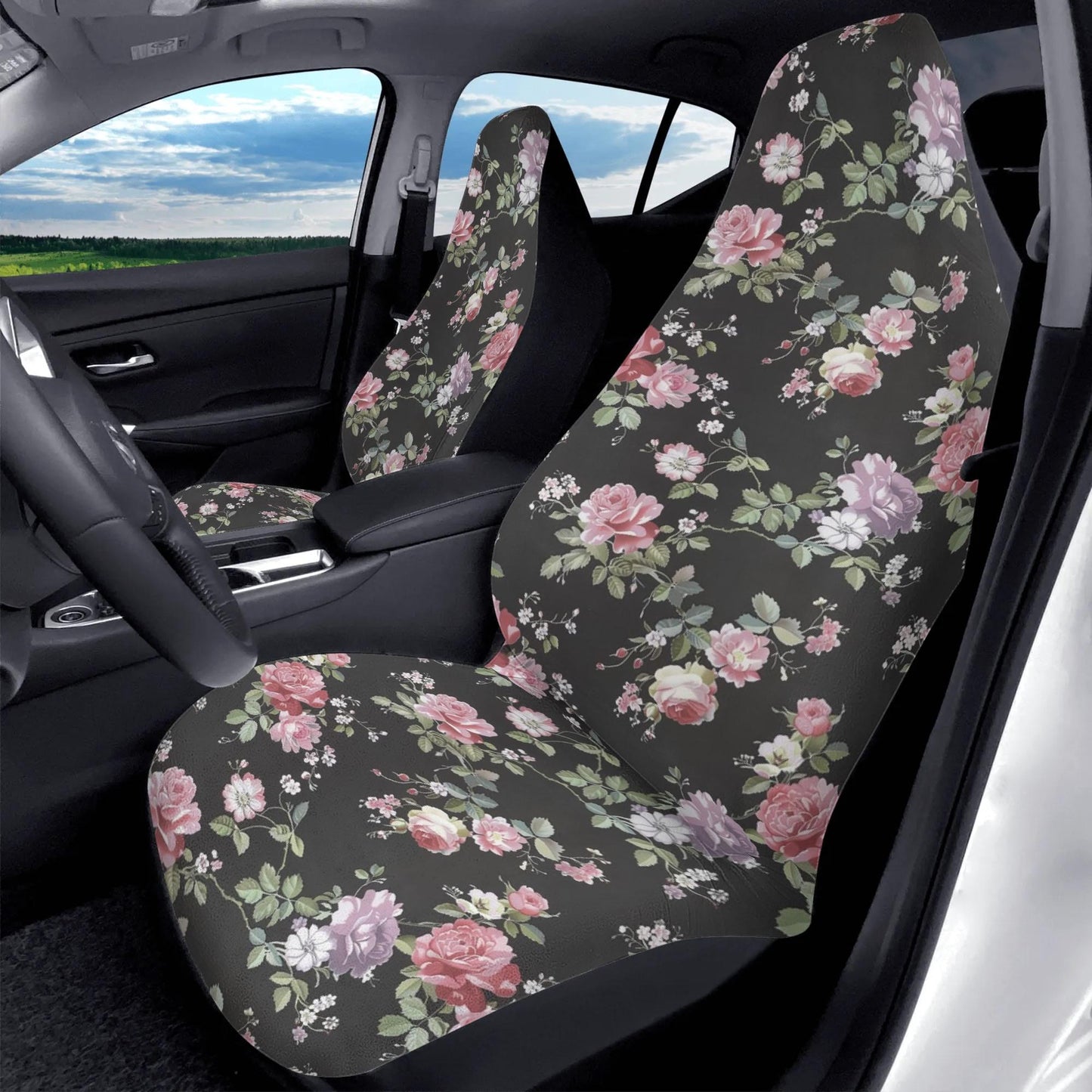 Y2K Goth Black Rose Car Seat Covers – Pink Floral Print (Set of 2)