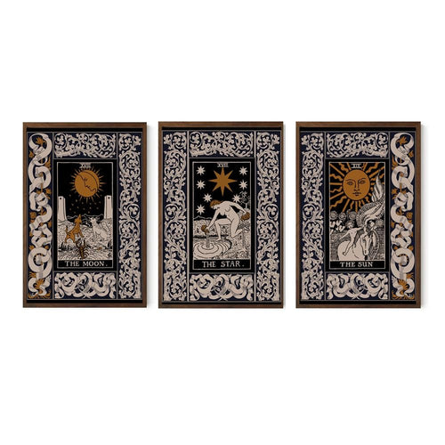 Art Nouveau Celestial Print Set – Moon, Sun, Star Navy Gold Trio