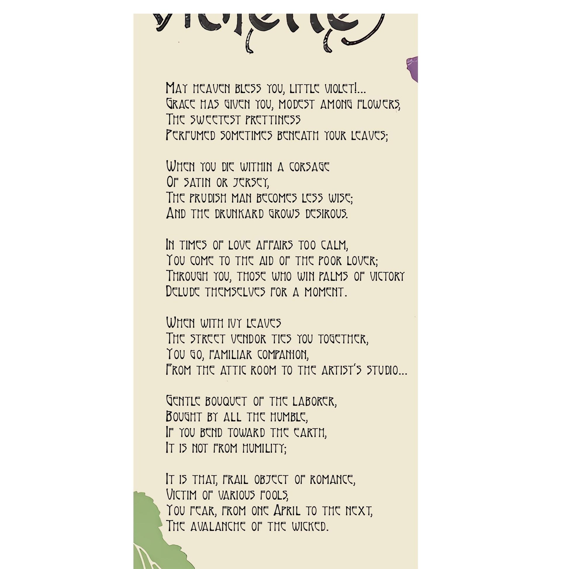 Art Nouveau Violets Print – Purple Beige Vintage Poem Poster