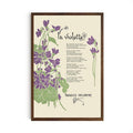 May include: Framed art print featuring a botanical illustration of violets in purple and green against a cream background. The print includes the French title "la violette" and a poem by Hugues Delorme, all within a dark brown wooden frame.