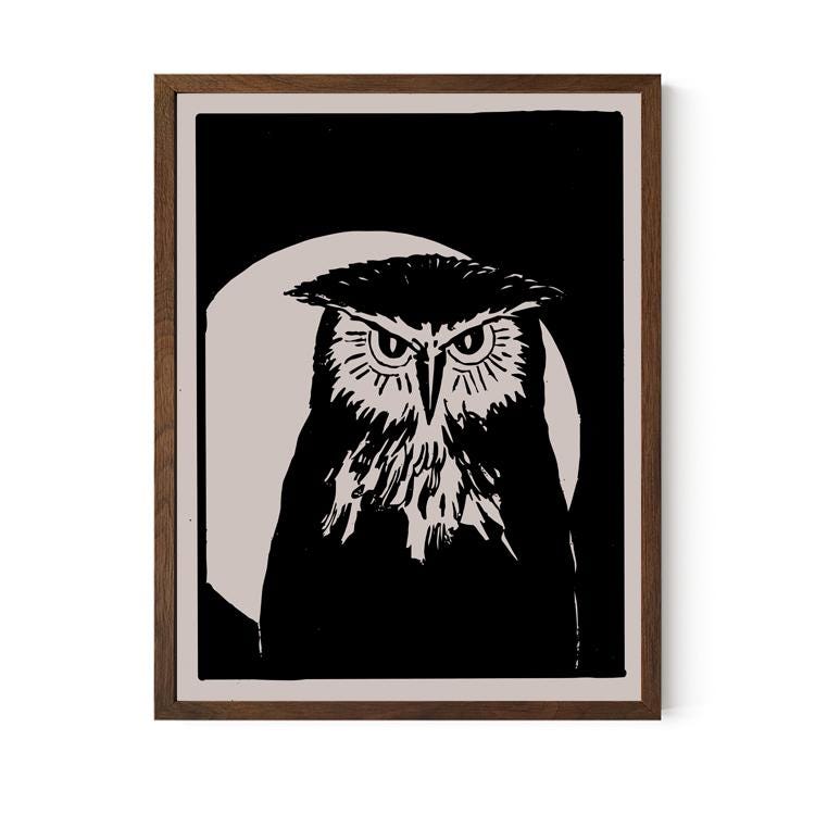Vintage Owl Art Print - Nature Artwork - Black and Beige -
