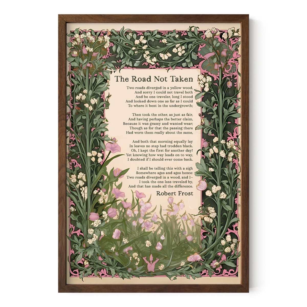 The Road Not Taken Print - Inspirational - Floral Art Print - Robert Frost Poem - Pink