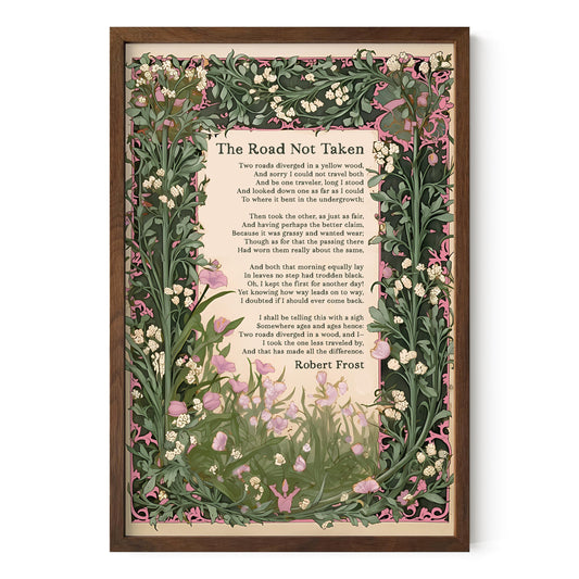 The Road Not Taken Print - Inspirational - Floral Art Print - Robert Frost Poem - Pink