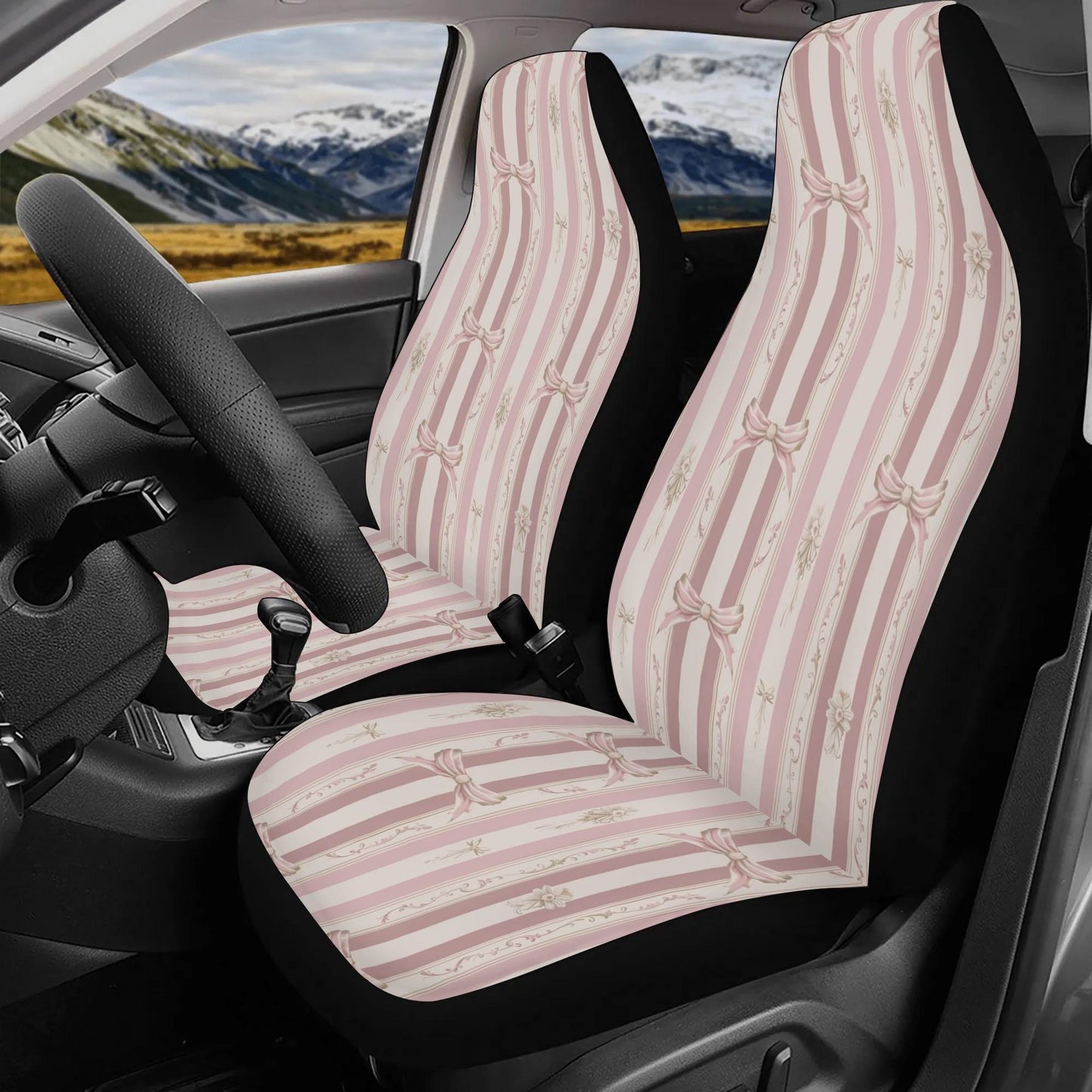 Light Pink Car Seat Covers Front and Back - Coquette Bows Pink