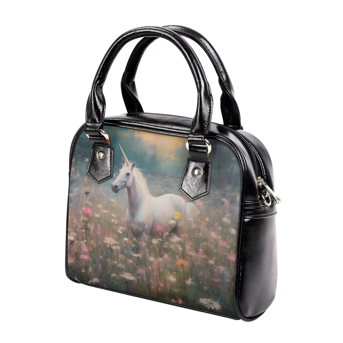 Unicorn Handbag- Pink Floral Print - Nostalgic Purse - Vegan Leather Shoulder Handbag