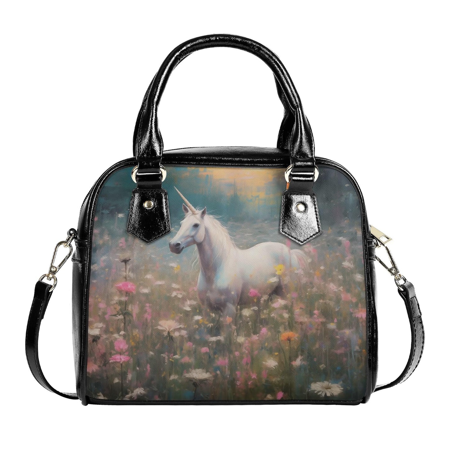 Unicorn Handbag- Pink Floral Print - Nostalgic Purse - Vegan Leather Shoulder Handbag