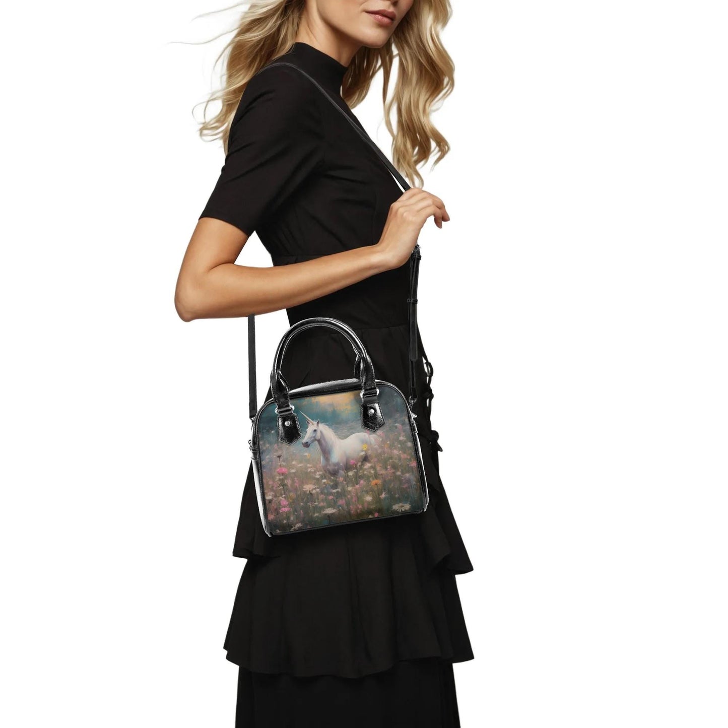 Unicorn Handbag- Pink Floral Print - Nostalgic Purse - Vegan Leather Shoulder Handbag
