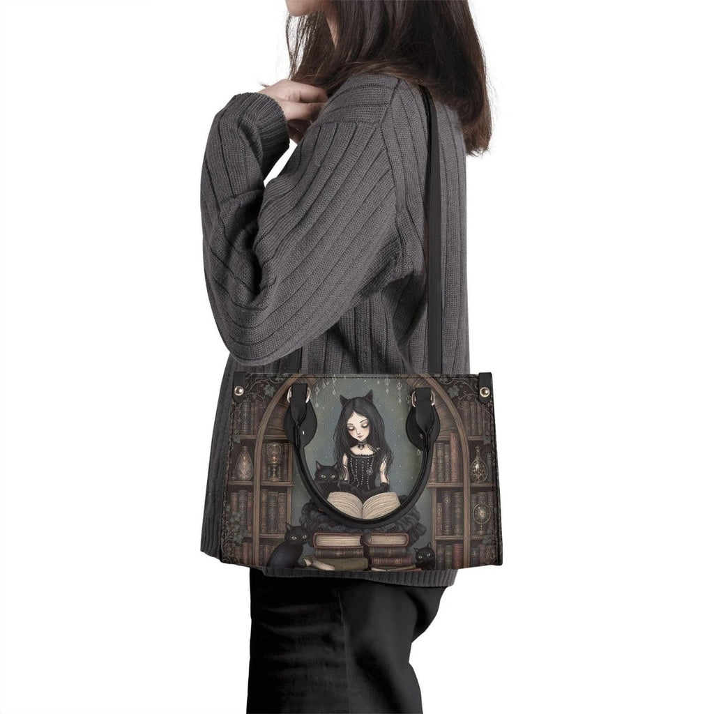 Goth Girl Purse - Cat Lovers Handbag - Black Cats and Books - Faux Leather