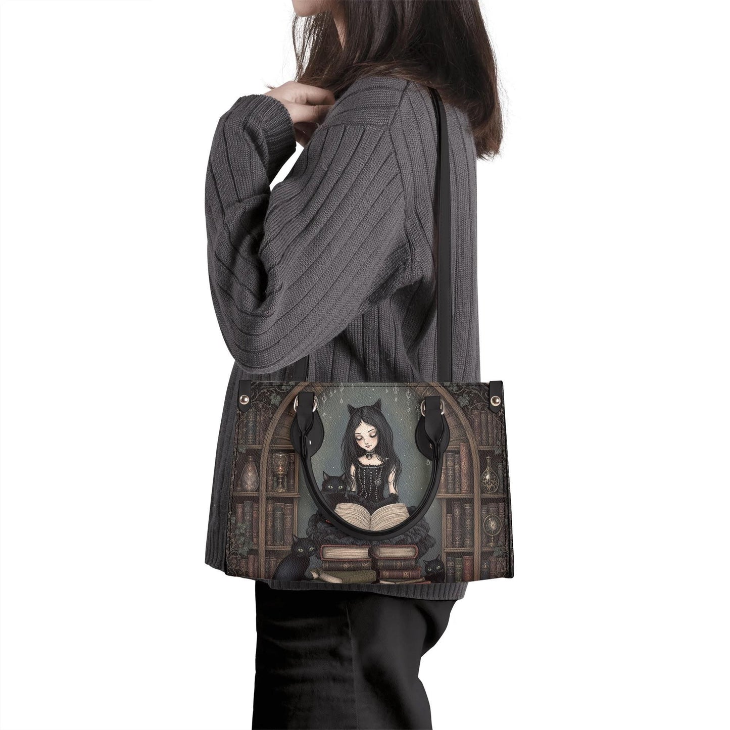 Goth Girl Purse - Cat Lovers Handbag - Black Cats and Books - Faux Leather
