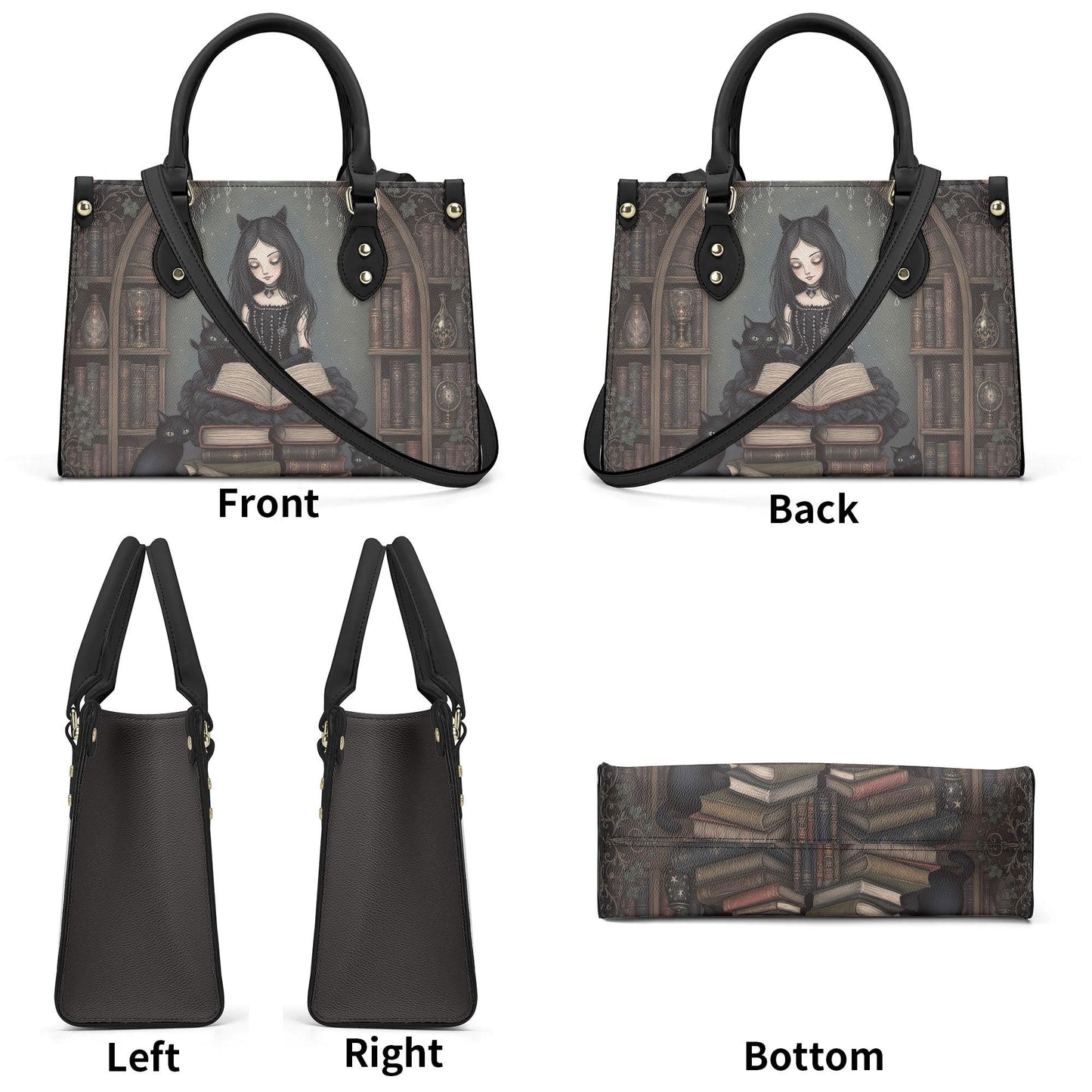 Goth Girl Purse - Cat Lovers Handbag - Black Cats and Books - Faux Leather