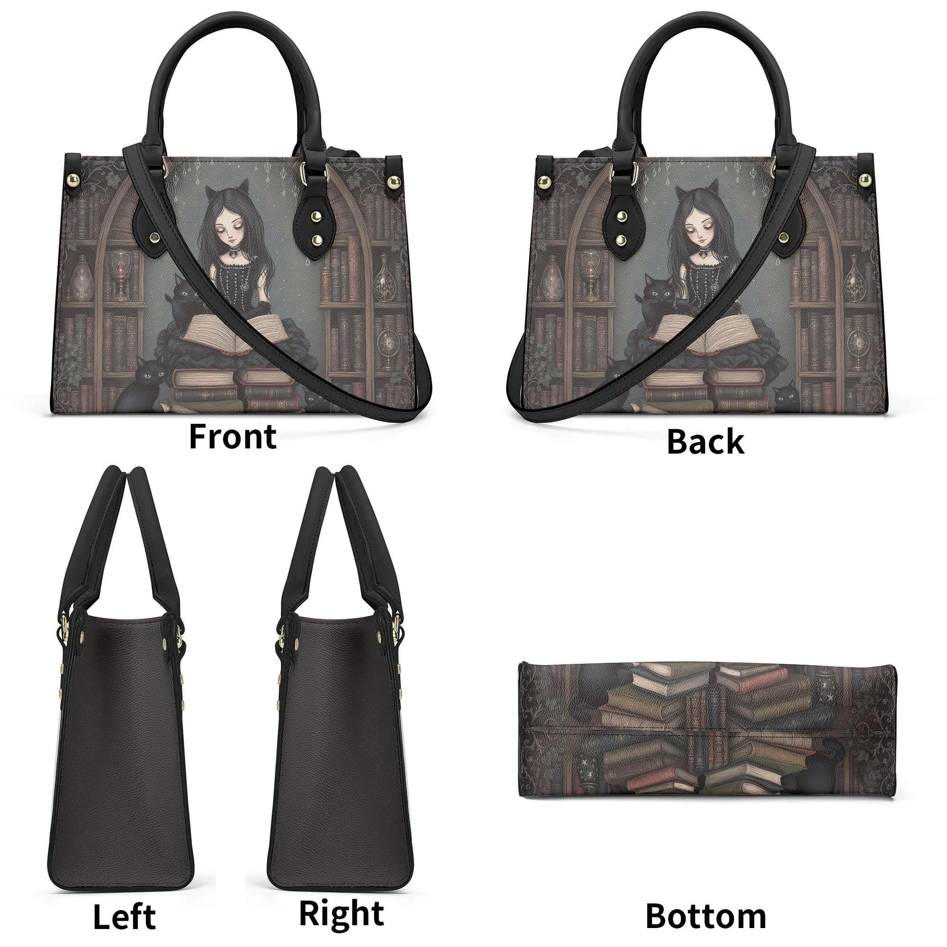 Goth Girl Purse - Cat Lovers Handbag - Black Cats and Books - Faux Leather