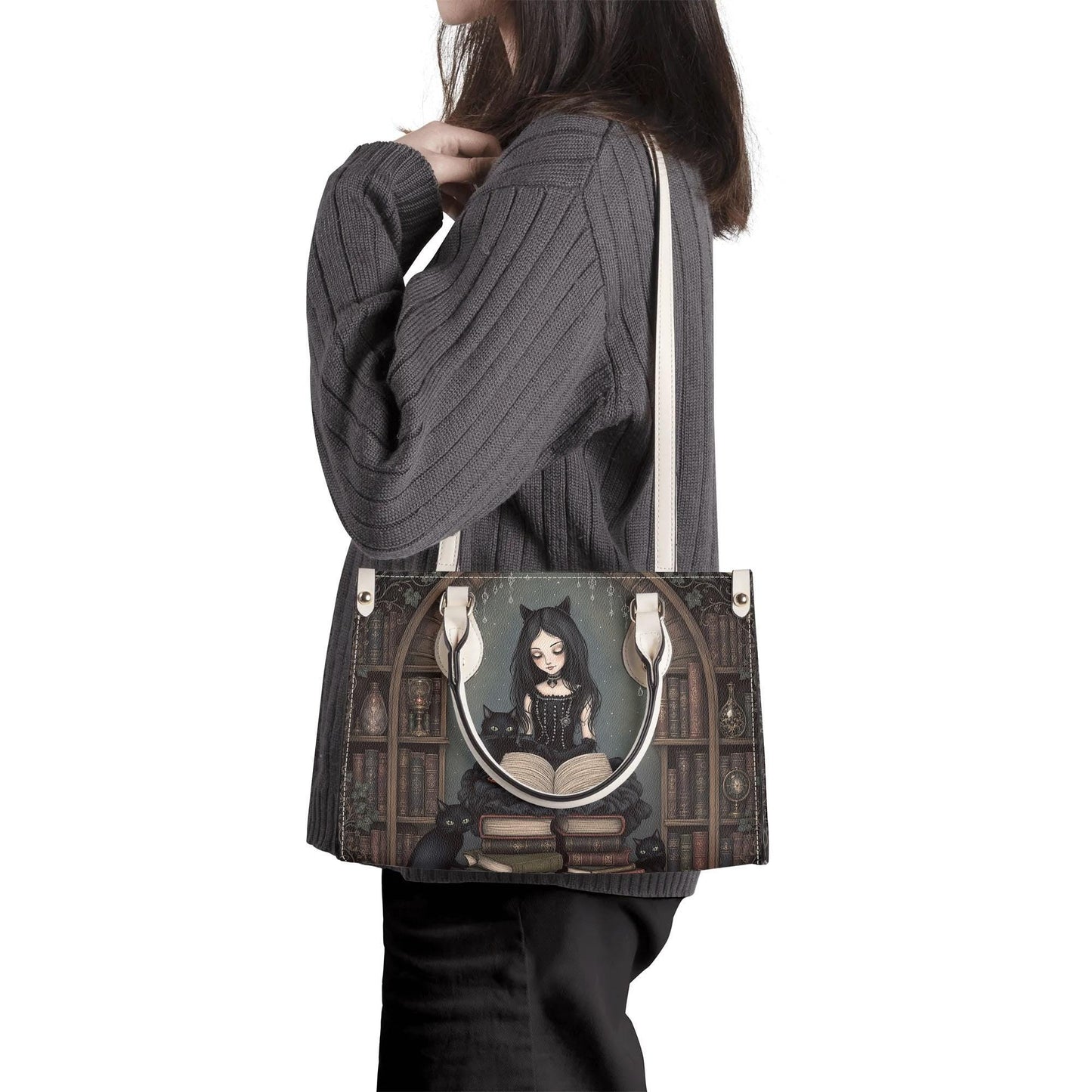 Goth Girl Purse - Cat Lovers Handbag - Black Cats and Books - Faux Leather