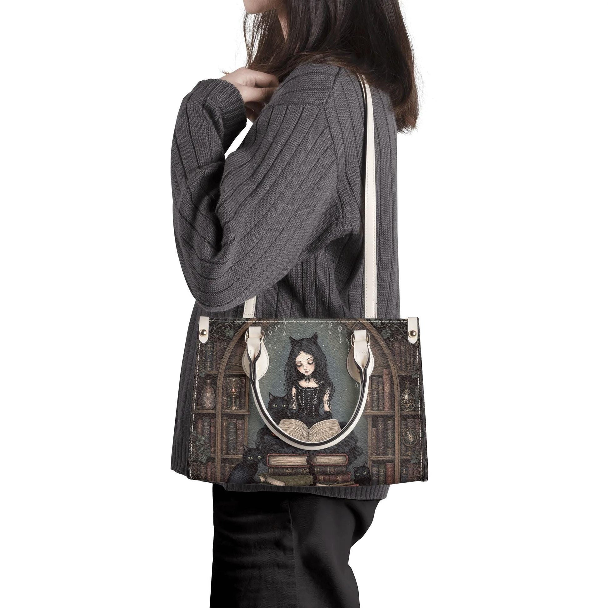 Goth Girl Purse - Cat Lovers Handbag - Black Cats and Books - Faux Leather