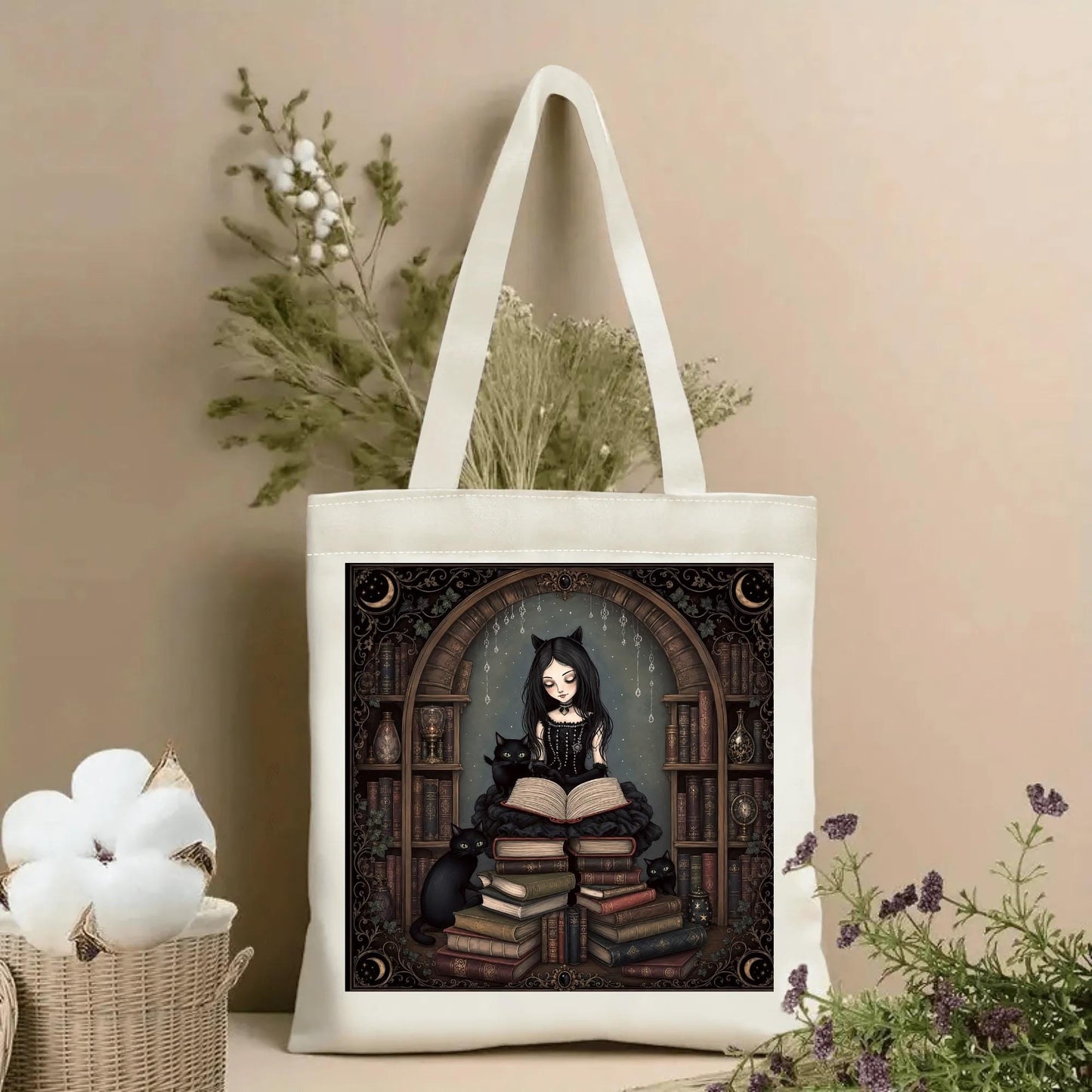 Gothic Girl Black Cats Tote Bag, Dark Academia Book Lover Library Canvas Bag
