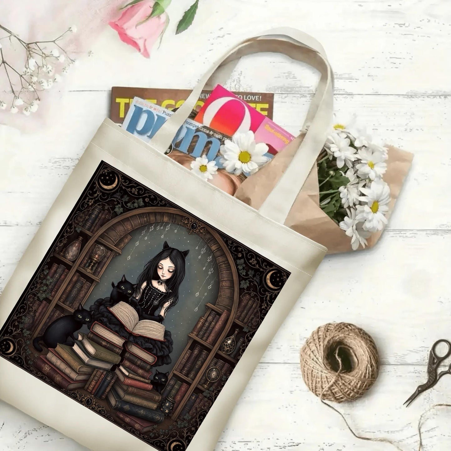 Gothic Girl Black Cats Tote Bag, Dark Academia Book Lover Library Canvas Bag