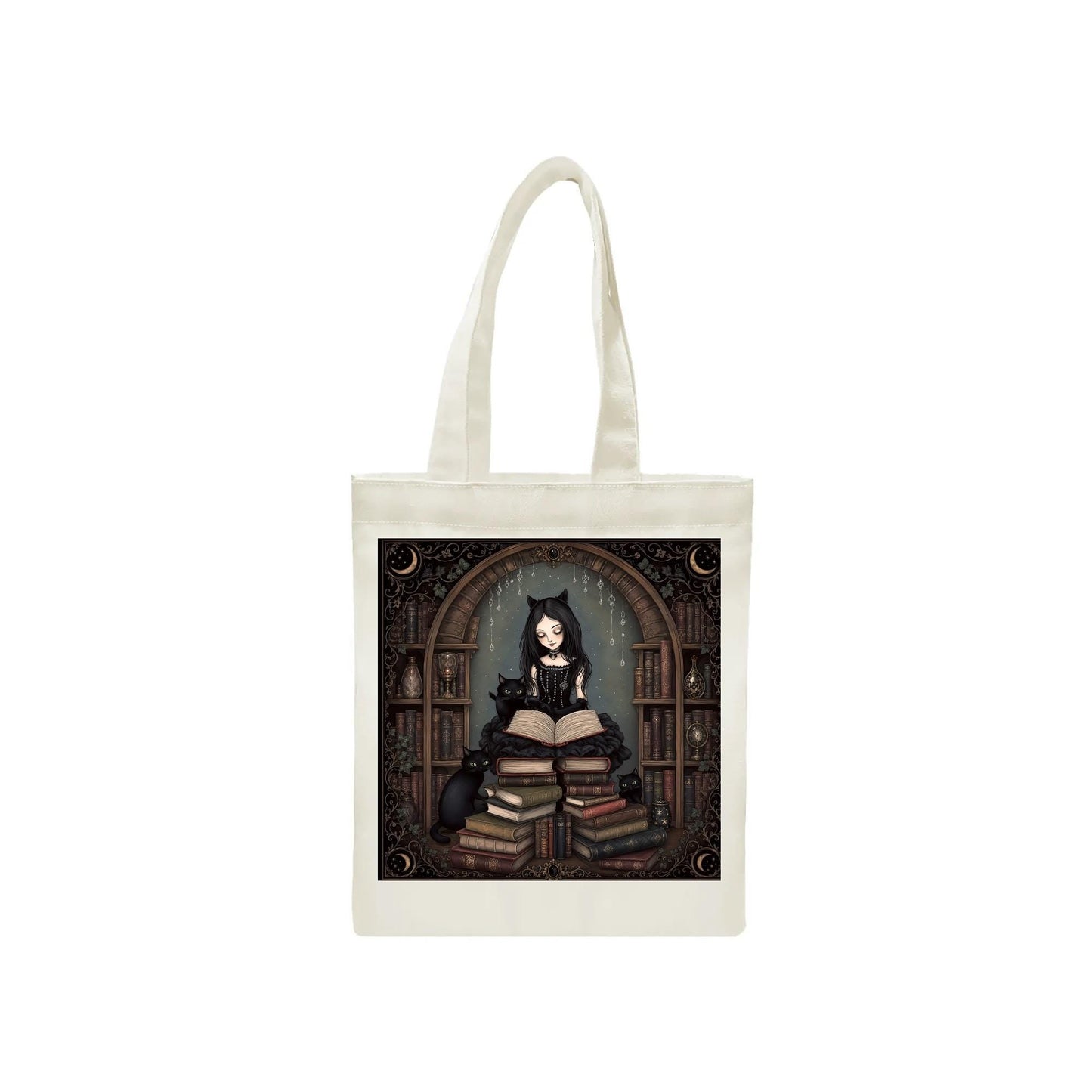 Gothic Girl Black Cats Tote Bag, Dark Academia Book Lover Library Canvas Bag