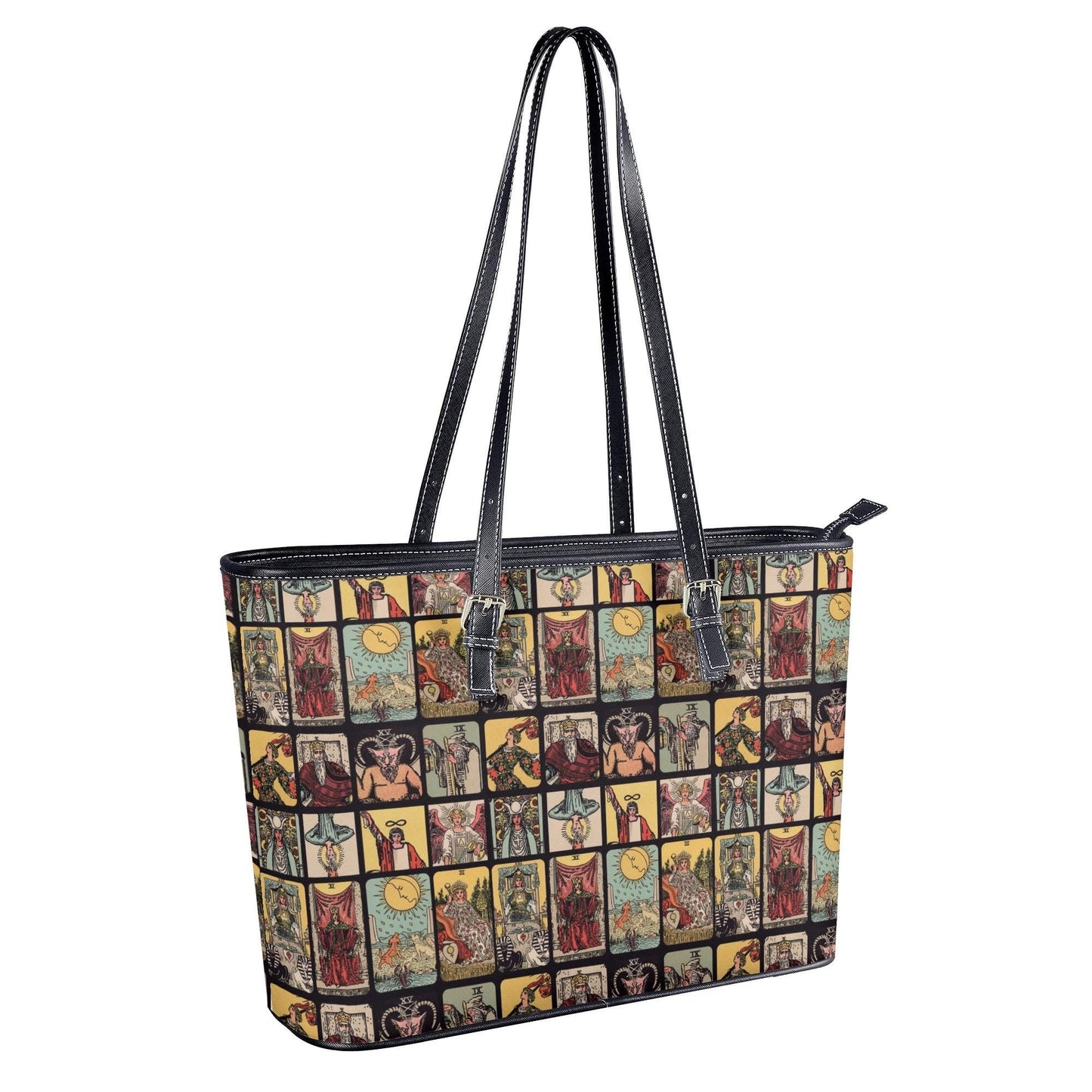 Vintage Tarot Card PU Leather Tote Bag, Mystical Shoulder Purse
