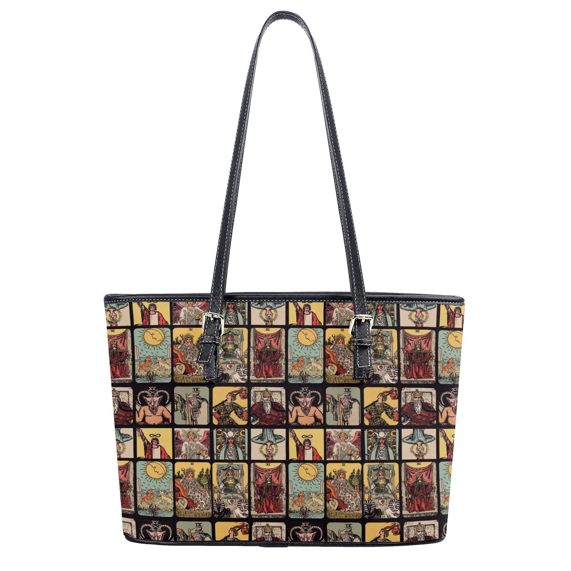 Vintage Tarot Card PU Leather Tote Bag, Mystical Shoulder Purse