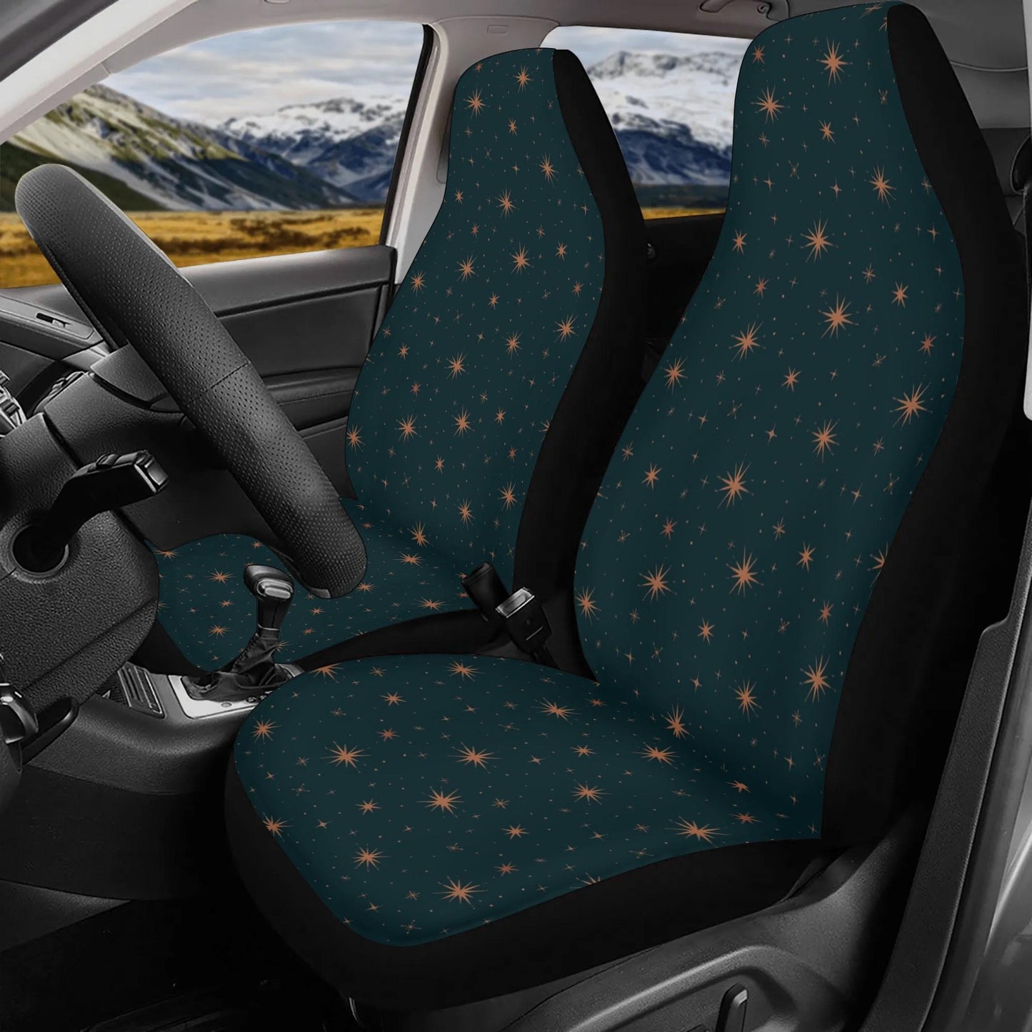 Forest Green Car Seat Covers, Celestial Front and Back Seat Cover Set, Starry Decor