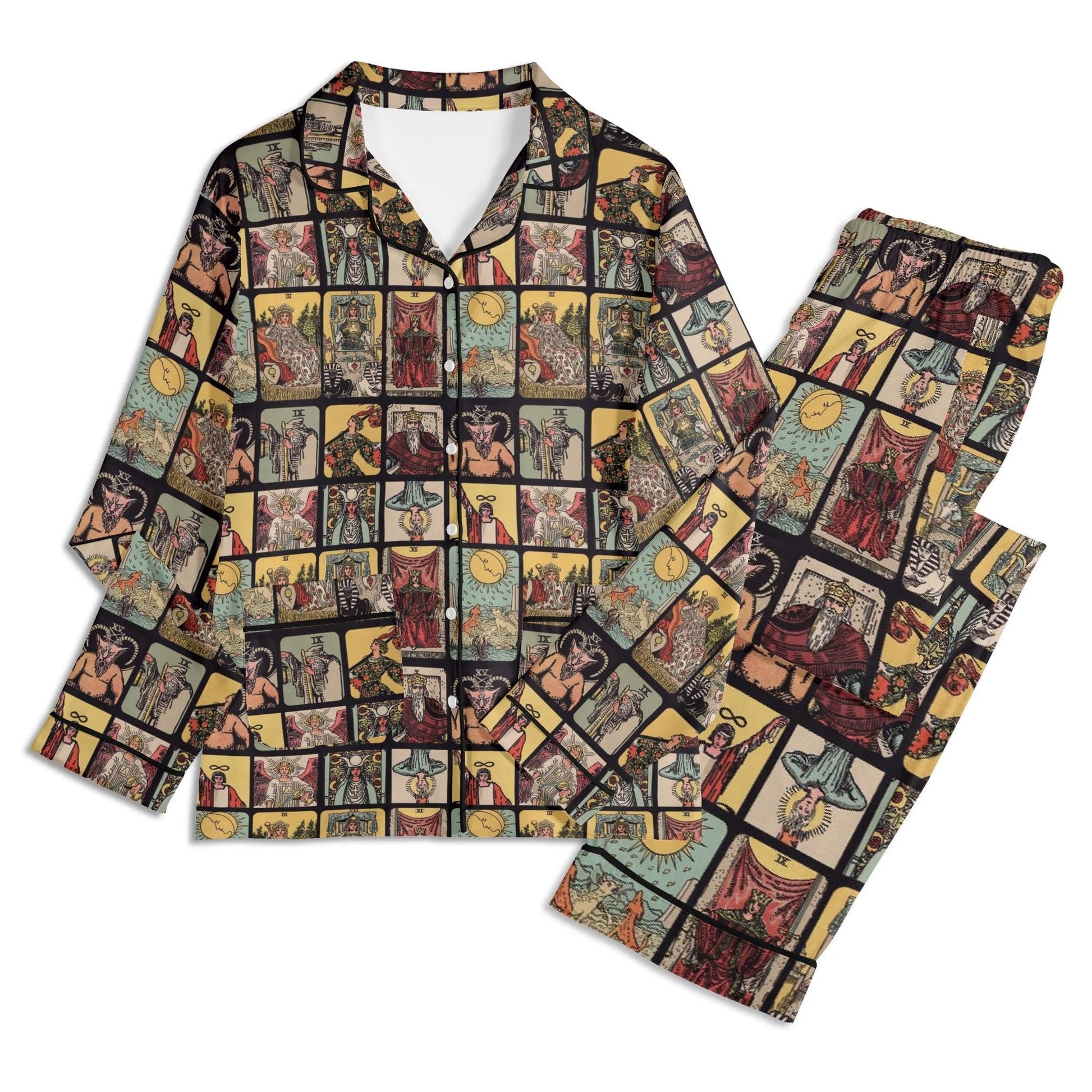 Vintage Tarot Pjs - Unisex Long Sleeve Adult Nightwear Pajama Set - Rider Waite Design