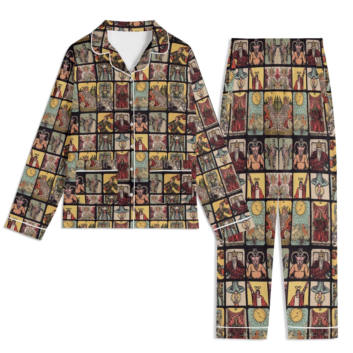 Vintage Tarot Pjs - Unisex Long Sleeve Adult Nightwear Pajama Set - Rider Waite Design