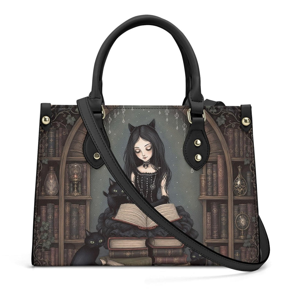 Goth Girl Purse - Cat Lovers Handbag - Black Cats and Books - Faux Leather