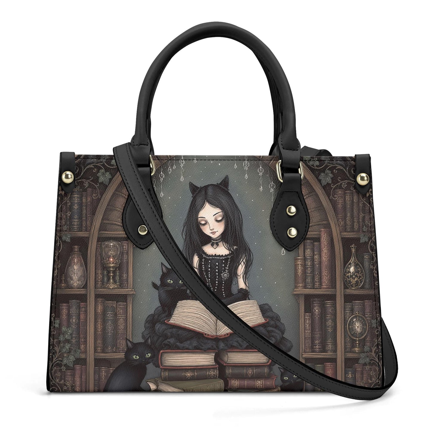Goth Girl Purse - Cat Lovers Handbag - Black Cats and Books - Faux Leather