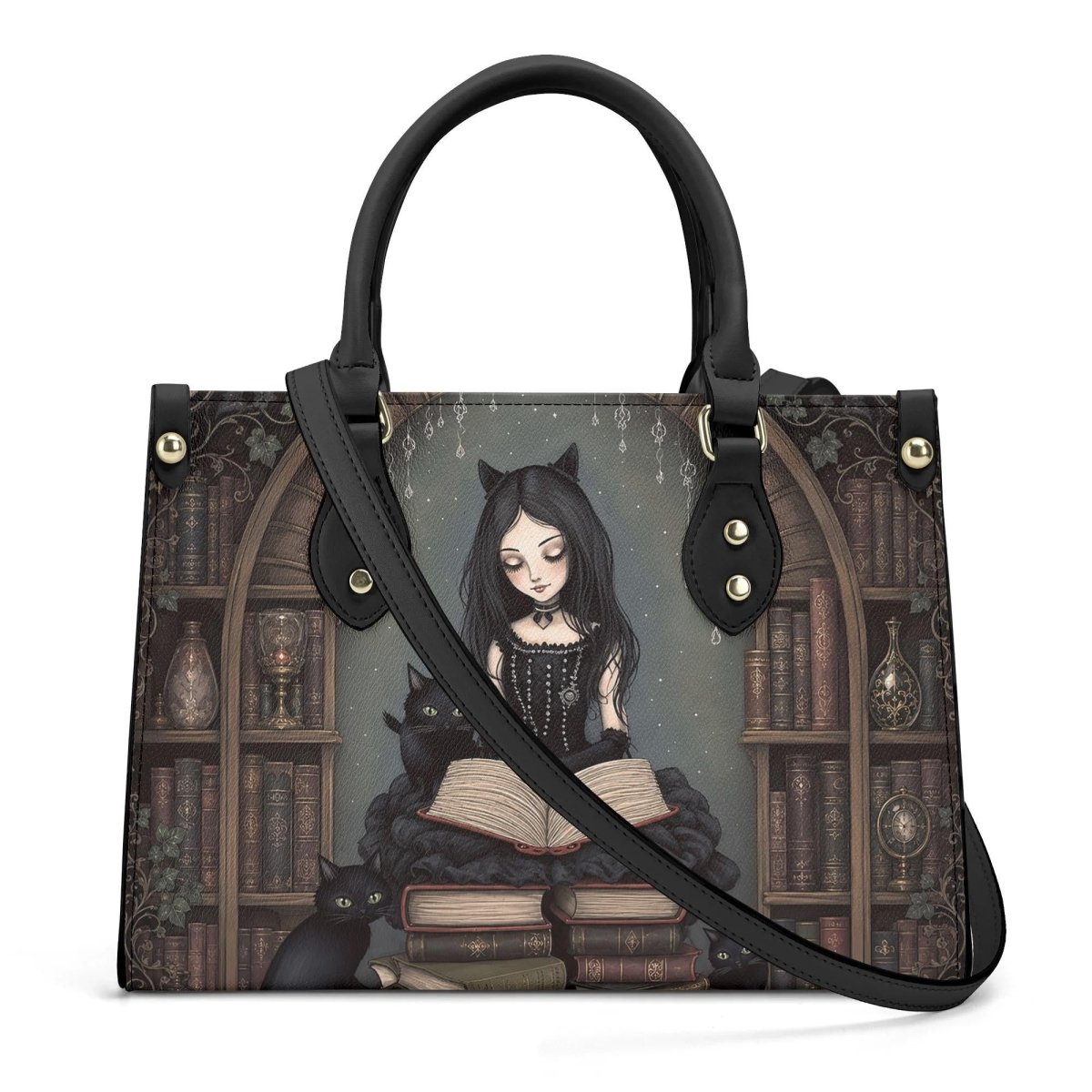 Goth Girl Purse - Cat Lovers Handbag - Black Cats and Books - Faux Leather