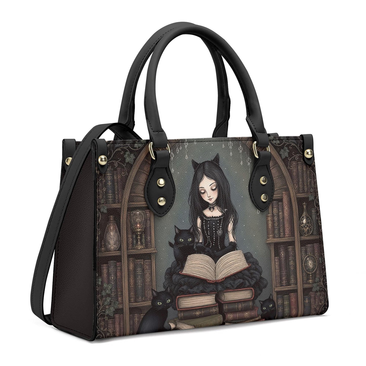 Goth Girl Purse - Cat Lovers Handbag - Black Cats and Books - Faux Leather