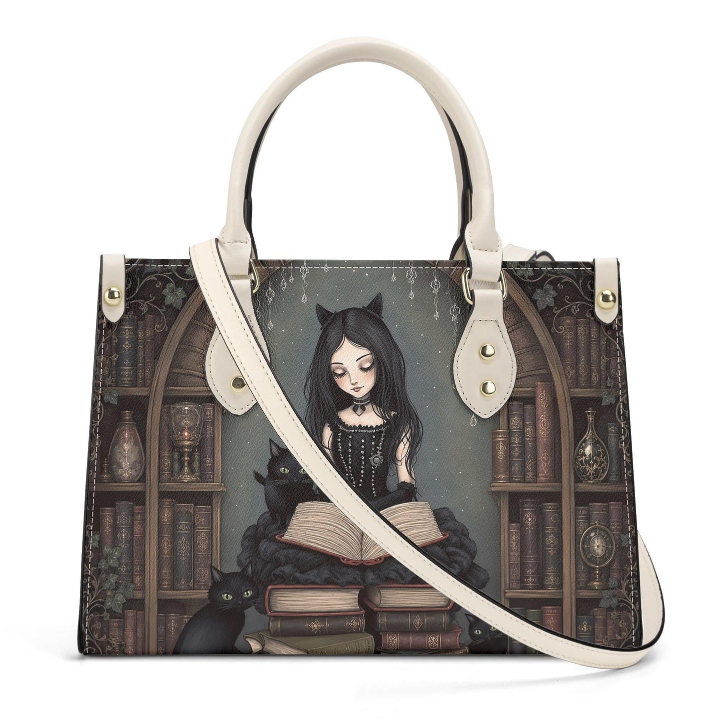 Goth Girl Purse - Cat Lovers Handbag - Black Cats and Books - Faux Leather