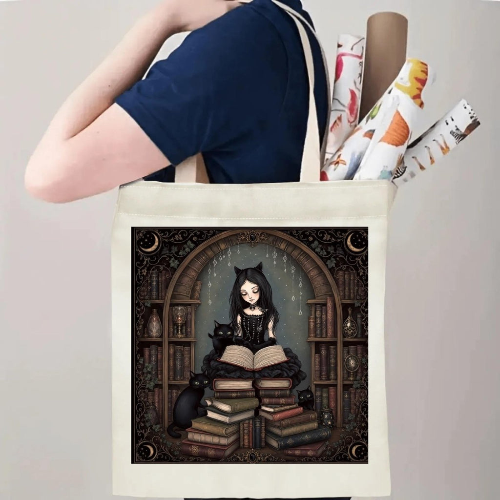 Gothic Girl Black Cats Tote Bag, Dark Academia Book Lover Library Canvas Bag