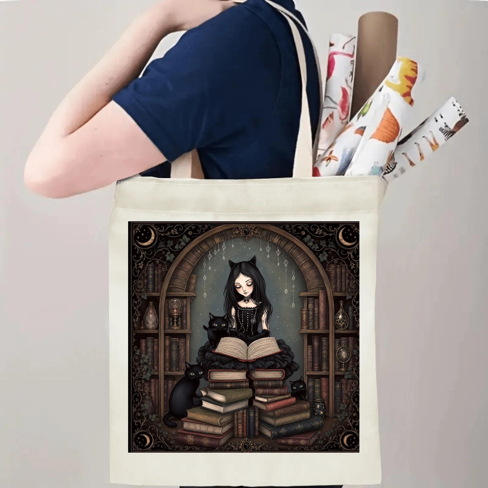 Gothic Girl Black Cats Tote Bag, Dark Academia Book Lover Library Canvas Bag