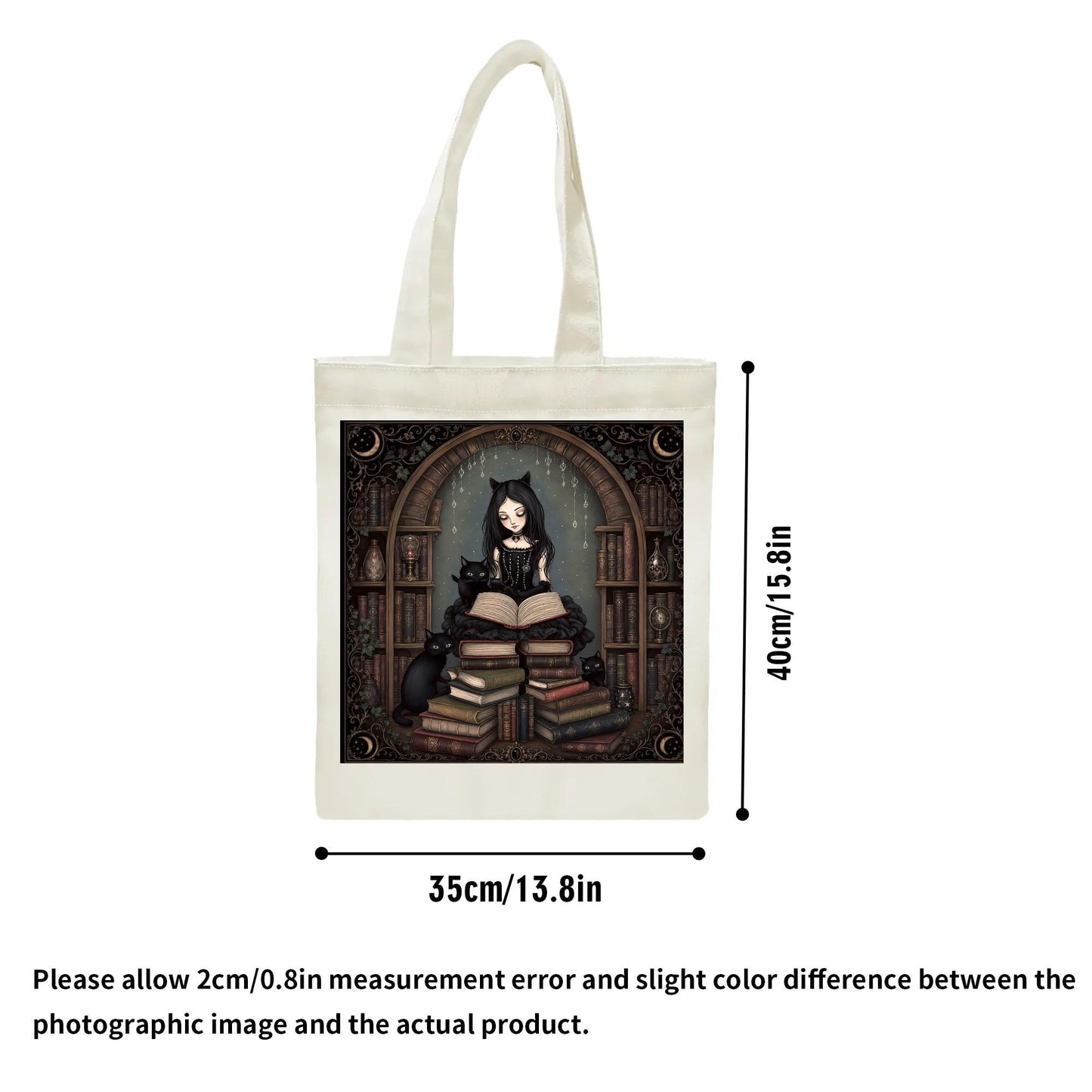 Gothic Girl Black Cats Tote Bag, Dark Academia Book Lover Library Canvas Bag