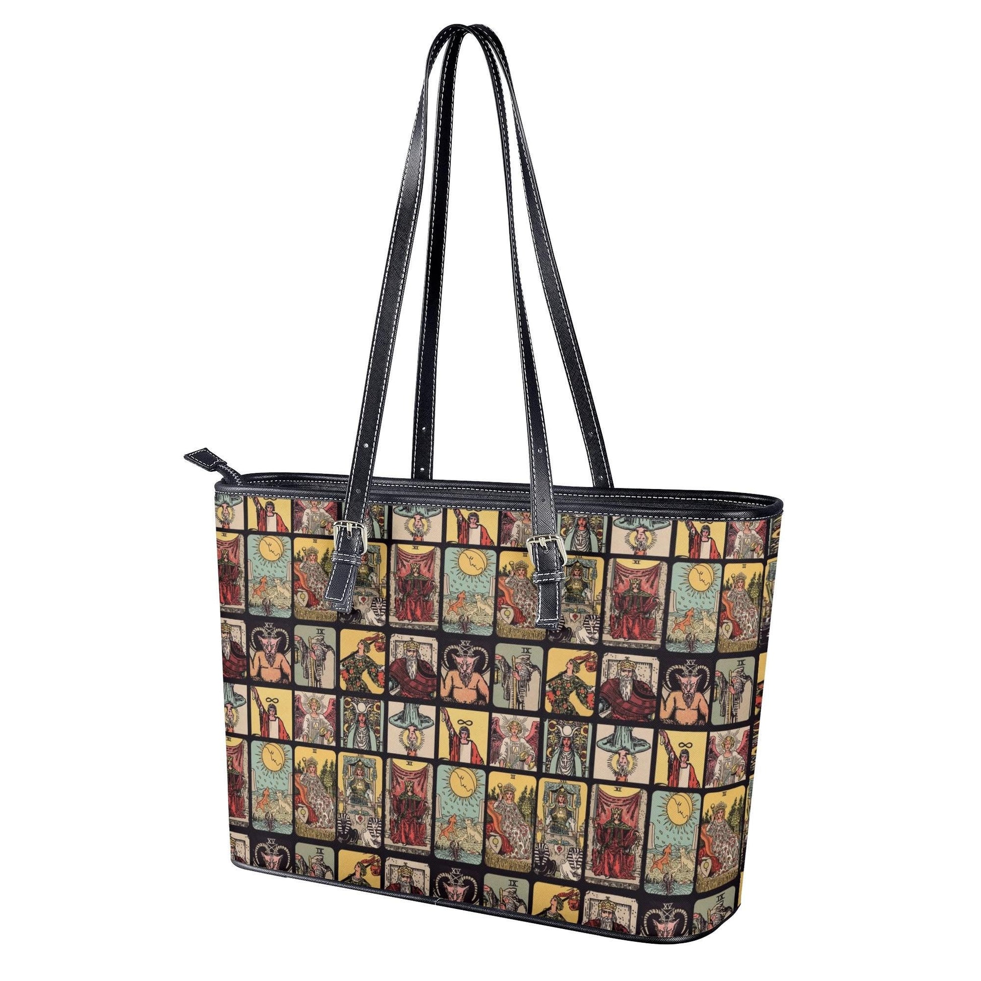 Vintage Tarot Card PU Leather Tote Bag, Mystical Shoulder Purse