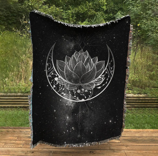 Jacquard Woven - Lotus and MOON Woven - Black and Gray - Woven Tapestry - Blanket -Cotton Meditation Yoga Grunge Hippie by DesignBohemian