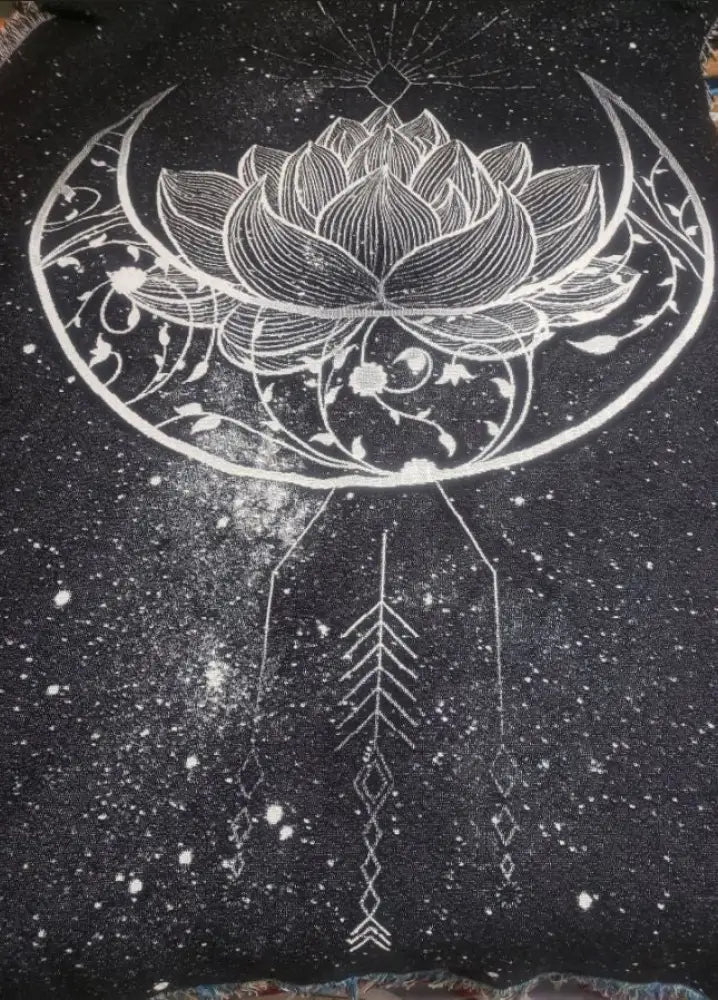 Jacquard Woven - Lotus and MOON Woven - Black and Gray - Woven Tapestry - Blanket -Cotton Meditation Yoga Grunge Hippie by DesignBohemian