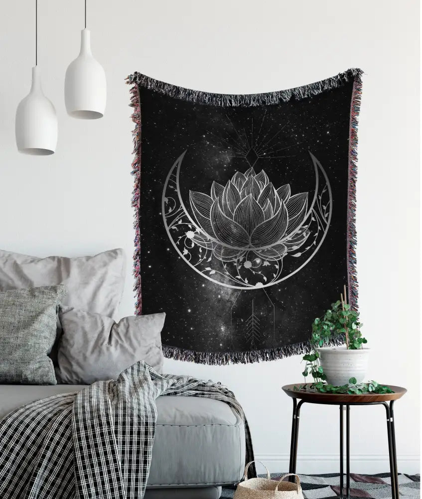 Jacquard Woven - Lotus and MOON Woven - Black and Gray - Woven Tapestry - Blanket -Cotton Meditation Yoga Grunge Hippie by DesignBohemian